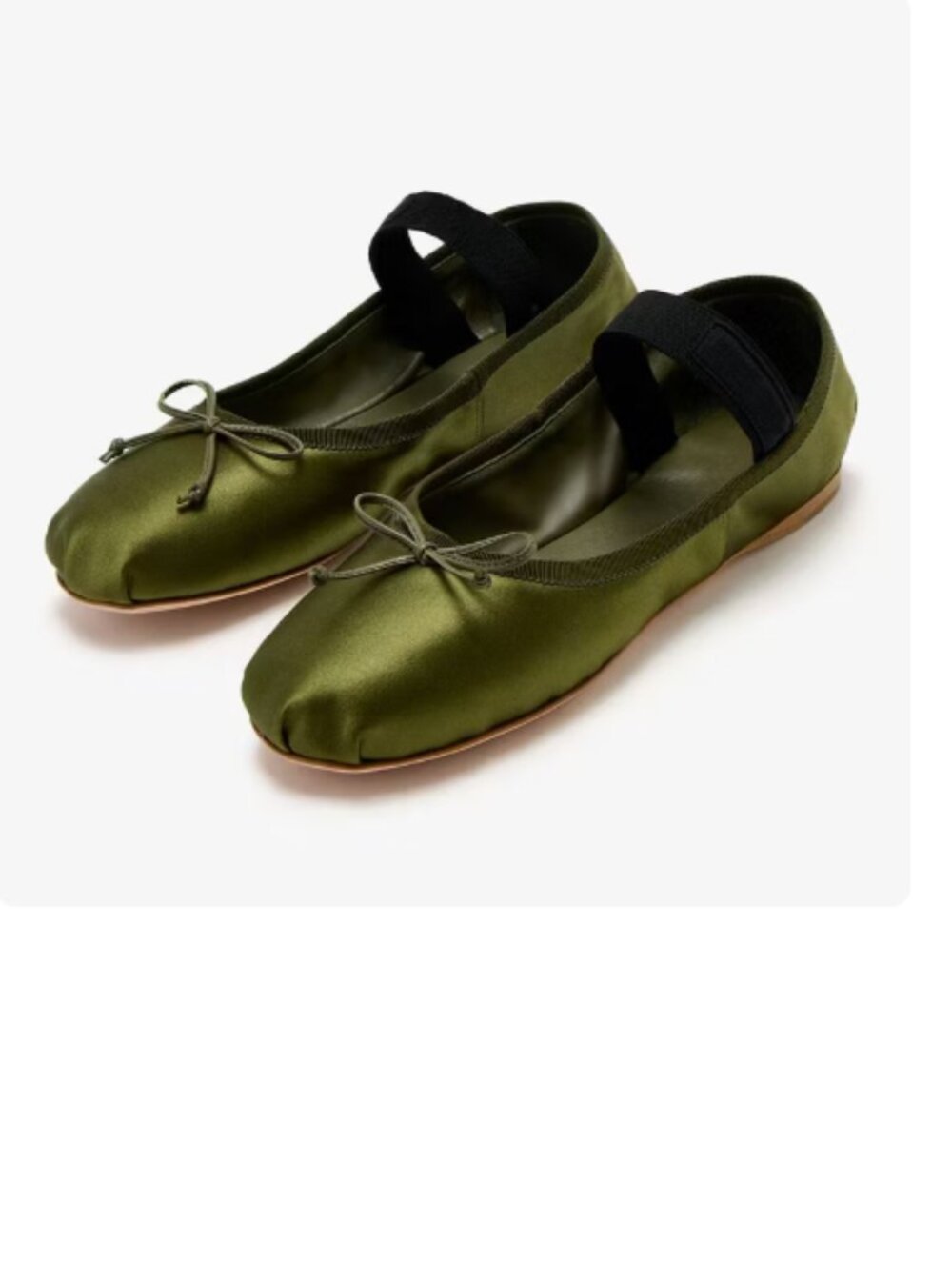 FSJ Olive Satin Round Toe Bow Accents Ballet Flats with A Strap
